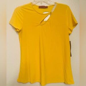 Women's Yellow Short-Sleeve Tee with Cutout Neckline and Metallic Trim